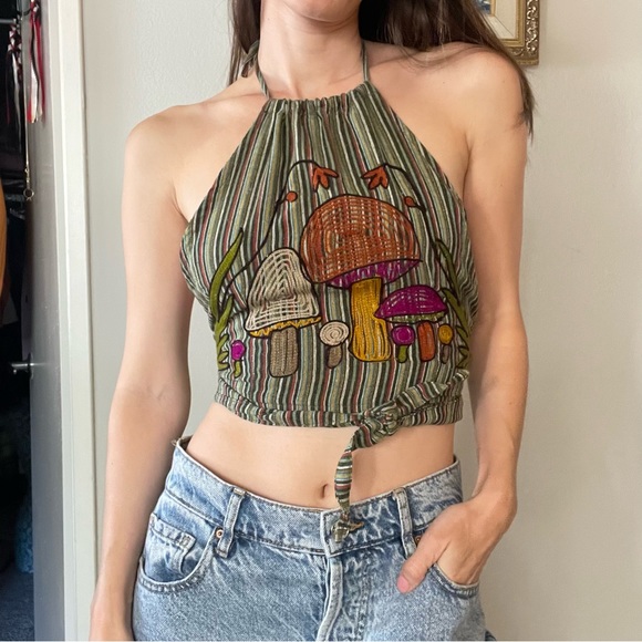 Vintage Tops - Embroidered mushroom halter hippie chic Lakhays made in Nepal